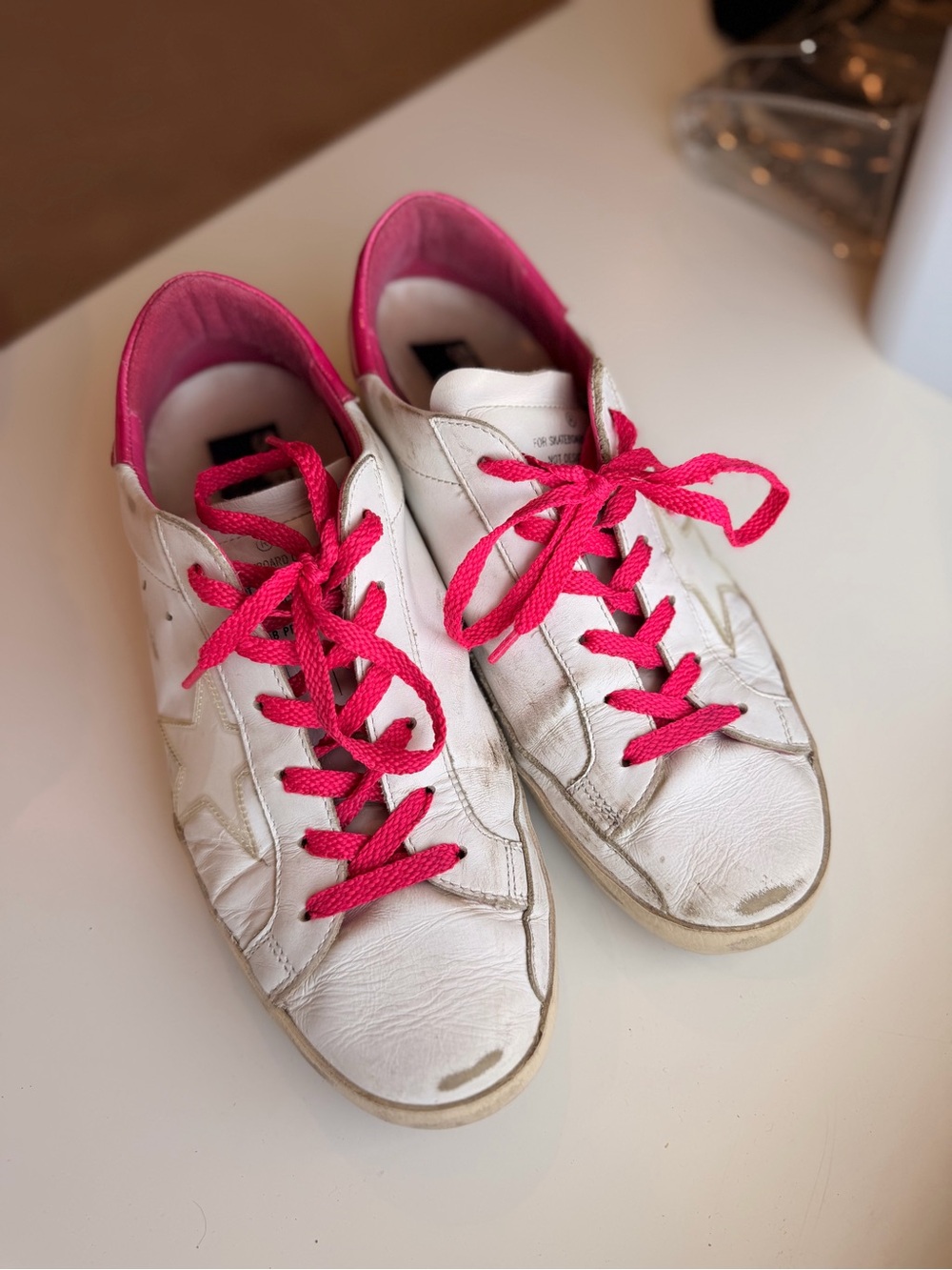 Golden Goose White Leather Sneakers with Hot Pink Laces and Lining